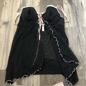 Victoria's Secret Black and Pink Babydoll and Thing Lingerie Set Medium